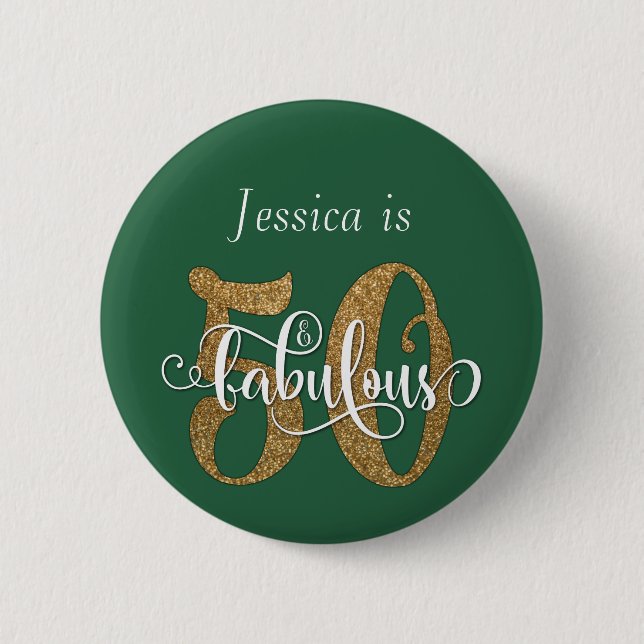 50 & Fabulous Gold Glitter Typography Leaf Green 6 Cm Round Badge (Front)