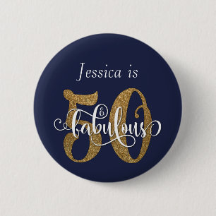50 & Fabulous Gold Glitter Typography Navy Blue 6 Cm Round Badge