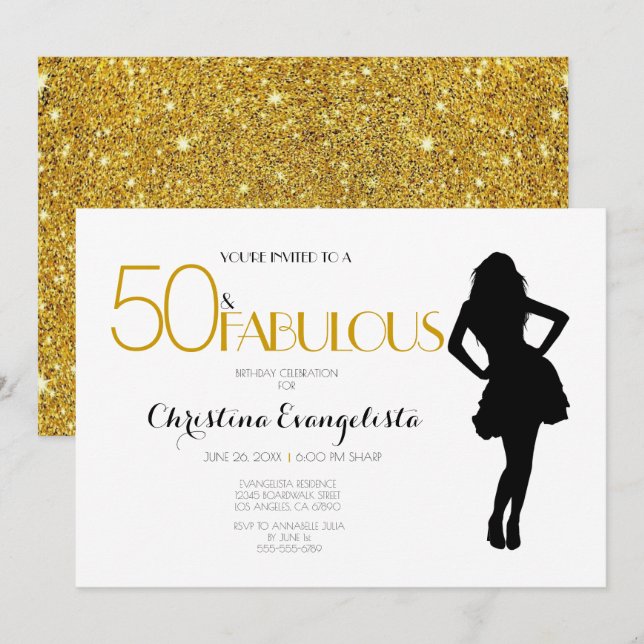 50 & Fabulous Gold Glitter with Modern Silhouette Invitation (Front/Back)
