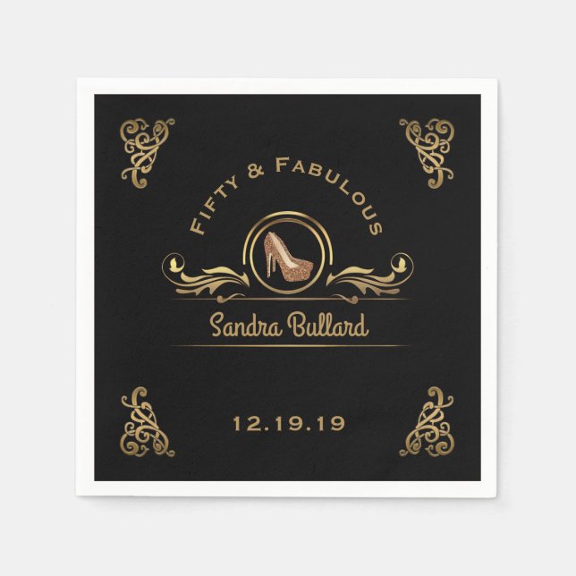 50 & Fabulous Gold High Heels 50th Birthday Party Napkin (Front)