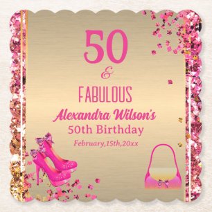 50 & Fabulous Gold Hot Pink Glittery High Heels  Paper Coaster