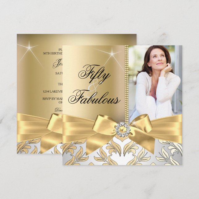 50 & Fabulous Gold Leaf & Bow 50th Birthday Invite (Front/Back)