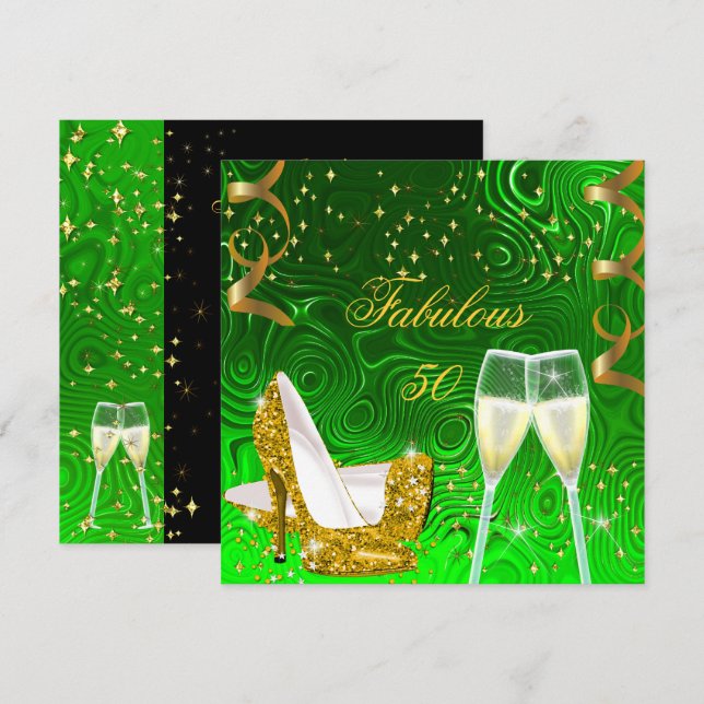 50 Fabulous Gold Lime Glitter High Heels Birthday Invitation (Front/Back)