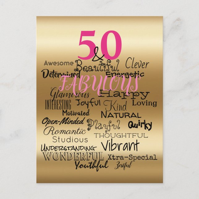 50 & Fabulous Gold Pink Black Birthday Typography Invitation Postcard (Front)