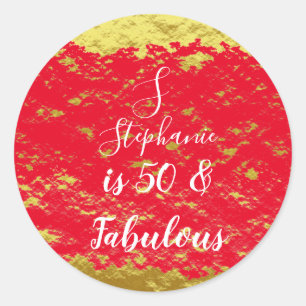 50 & Fabulous Gold Red Glitter Monogram Initials Classic Round Sticker
