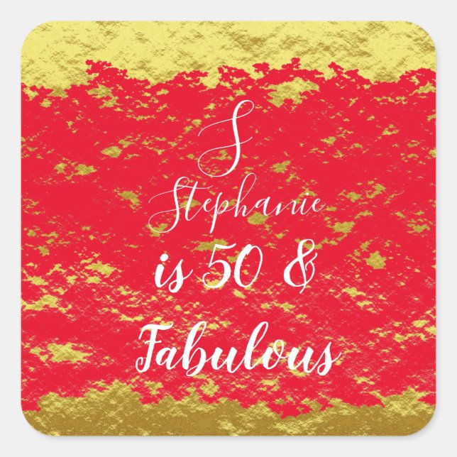 50 & Fabulous Gold Red Glitter Monogram Initials Square Sticker (Front)