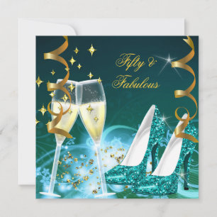 50 & Fabulous Gold Teal Glitter Heels Party Invitation