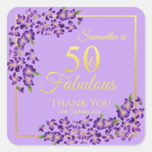 50 & Fabulous Gold Violet Flowers 50th Birthday Square Sticker