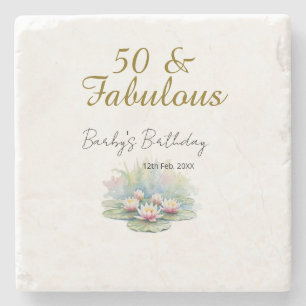 50 & fabulous golden water lotus lily watercolor stone coaster