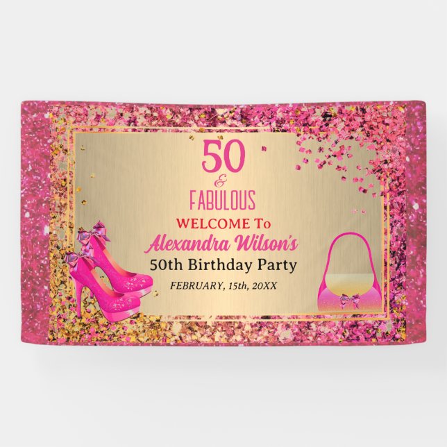 50& Fabulous High Heels Gold Hot Pink Glitter Glam Banner (Horizontal)