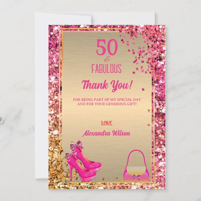 50& Fabulous High Heels Gold Hot Pink Glitter Glam Thank You Card (Front)