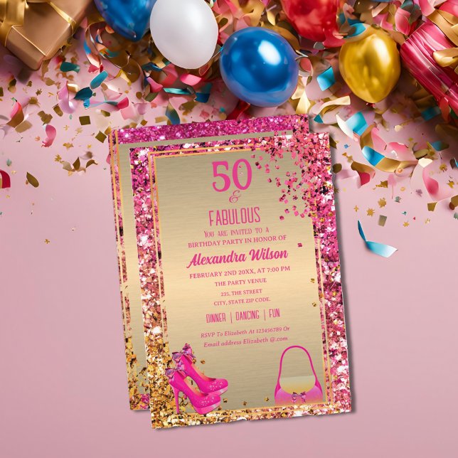 50& Fabulous High Heels Gold Pink Glitter luxury  Invitation (Creator Uploaded)