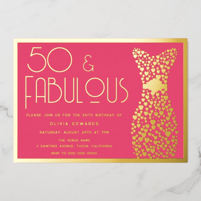 50 & Fabulous! Hot Pink 50th Birthday Party Gold (Front)
