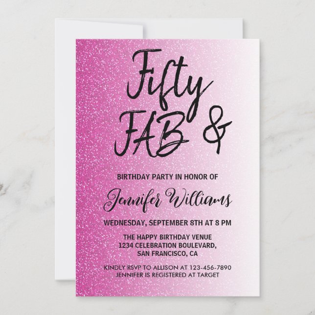 50 Fabulous Hot Pink Glitter 50th Birthday Invitation (Front)