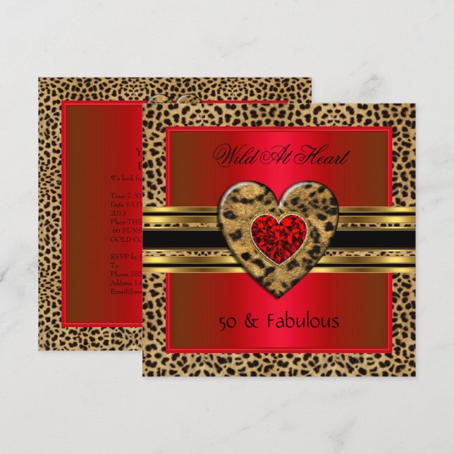 50 & fabulous Leopard Wild At Heart Black Gold Red Invitation (Front/Back)