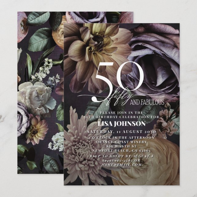 50 & Fabulous Modern Dark Moody Purple Floral  Invitation (Front/Back)