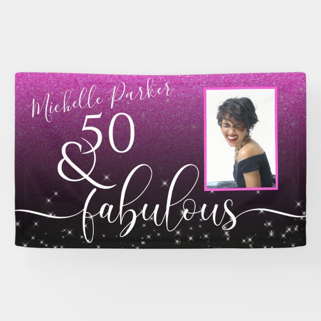 50 Fabulous Modern Pink Glitter Birthday Photo Banner (Horizontal)