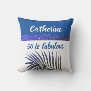 50 & Fabulous Monogrammed Name Blue Glitter Chic Cushion