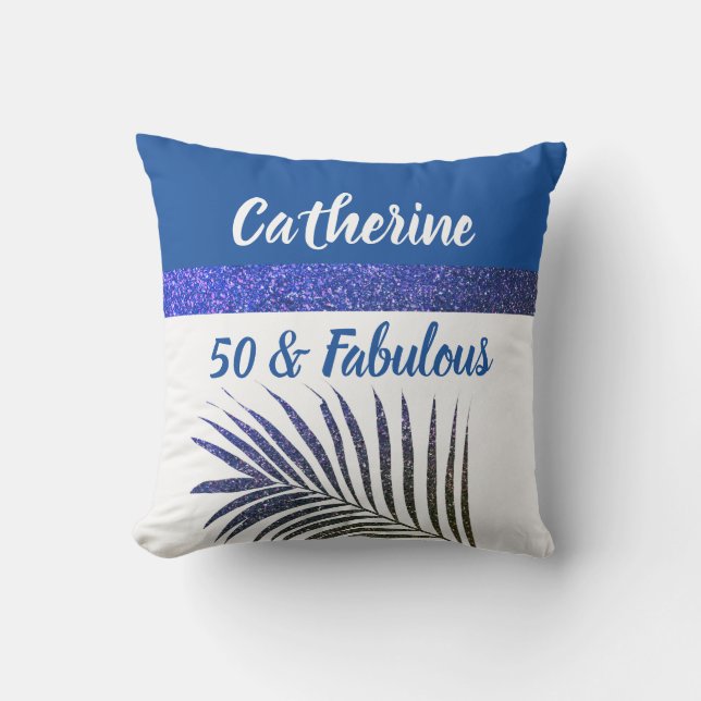50 & Fabulous Monogrammed Name Blue Glitter Chic Cushion (Front)