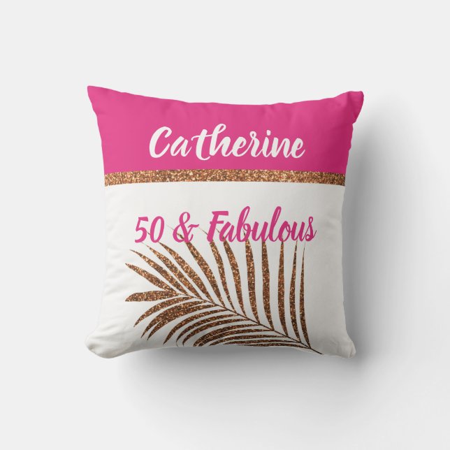 50 & Fabulous Monogrammed Name Gold Glitter Pink Cushion (Front)