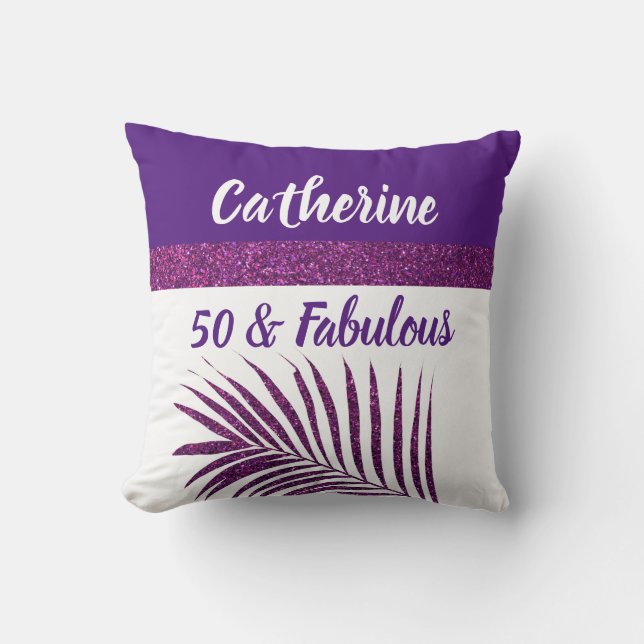 50 & Fabulous Monogrammed Name Purple Glitter Chic Cushion (Front)