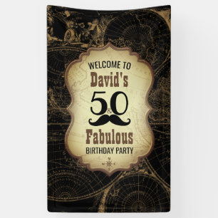 50 Fabulous Moustache Vintage Map Birthday Party Banner