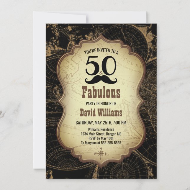 50 Fabulous Moustache Vintage Map Birthday Party Invitation (Front)