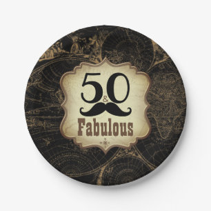 50 Fabulous Moustache Vintage Map Birthday Party Paper Plate