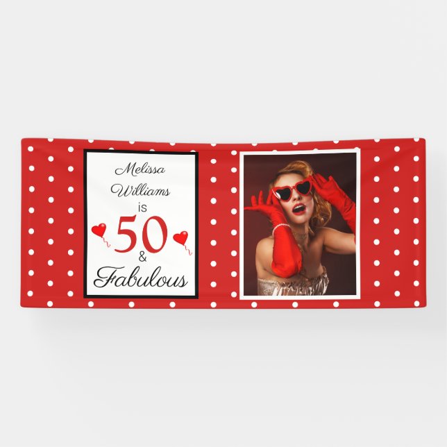 50 & Fabulous Name Photo Red 50th Birthday 2.5x6 Banner (Horizontal)