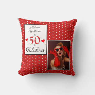 50 & Fabulous Name Photo Red 50th Birthday WH Red Cushion