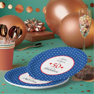 50 & Fabulous Name Red 50th Birthday Blue White Paper Plate