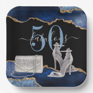50 Fabulous Navy Black Agate Gold Glitter  Paper Plate