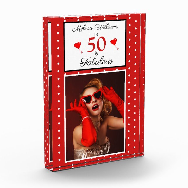 50 & Fabulous Personal 50th Birthday White Red Dot Photo Block (Left)