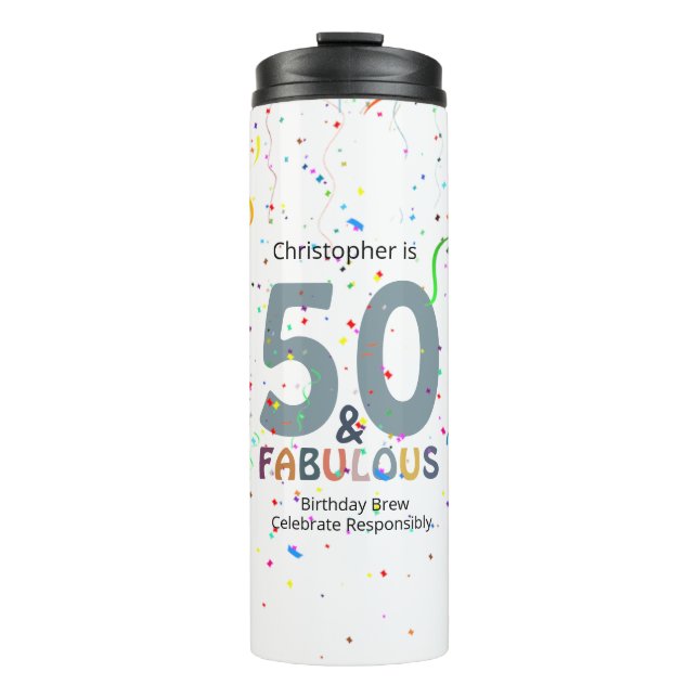 50 & Fabulous Personalised Blue Confetti Birthday Thermal Tumbler (Front)