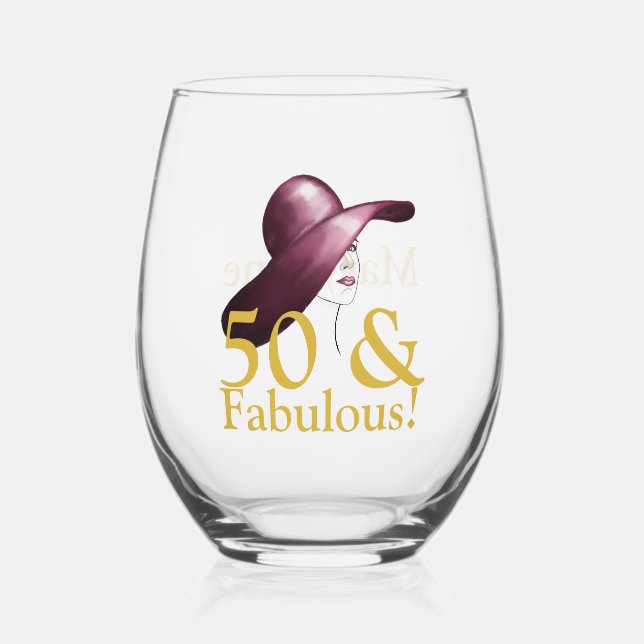 50 & Fabulous Personalised Elegant Stemless Wine Glass (Front)