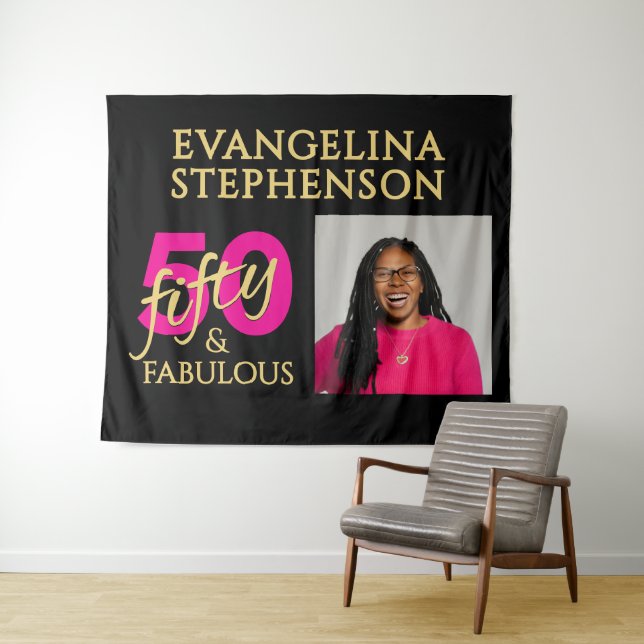 50 Fabulous Photo Black Gold Pink 50th Birthday Tapestry (In Situ (Horizontal))