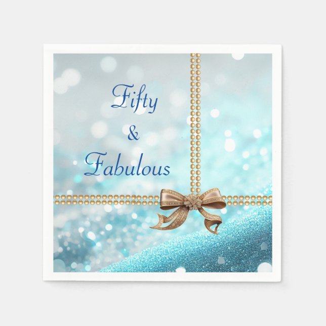 50 & Fabulous Photo Blue Gold Bow 50th Birthday  Napkin (Front)