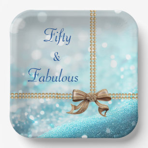50 & Fabulous Photo Blue Gold Bow 50th Birthday Paper Plate