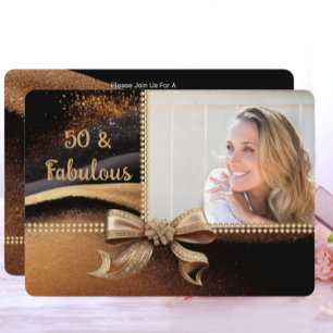 50 & Fabulous Photo Gold Black Bow 50th Birthday  Invitation