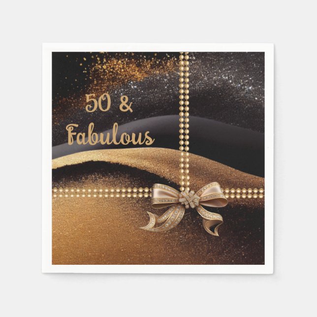 50 & Fabulous Photo Gold Black Bow 50th  Napkin (Front)