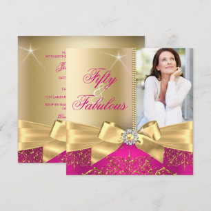 50 & Fabulous Photo Gold Pink Bow 50th Birthday Invitation