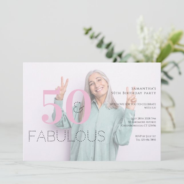 50 Fabulous Photo Modern Pink 50th Birthday Party Invitation (Standing Front)