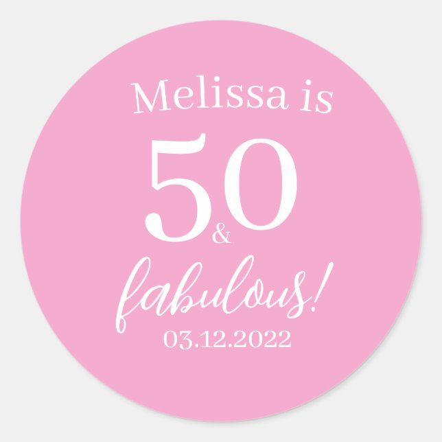 50 Fabulous Pink 50th Birthday Party Personalised  Classic Round Sticker (Front)