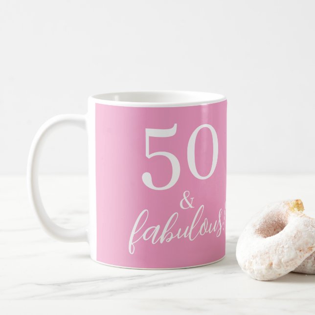 50 Fabulous Pink 50th Birthday Personalised  Coffee Mug (With Donut)