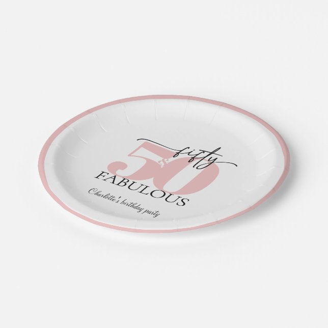 "50 & Fabulous" Pink and Black Birthday Paper Plate (Angled)