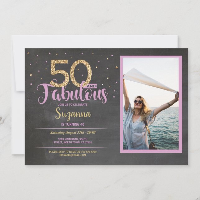 50 & Fabulous Pink Birthday Party 50th Gold Photo Invitation (Front)