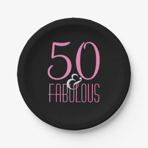 50 & Fabulous Pink Black Elegant Birthday Party Paper Plate