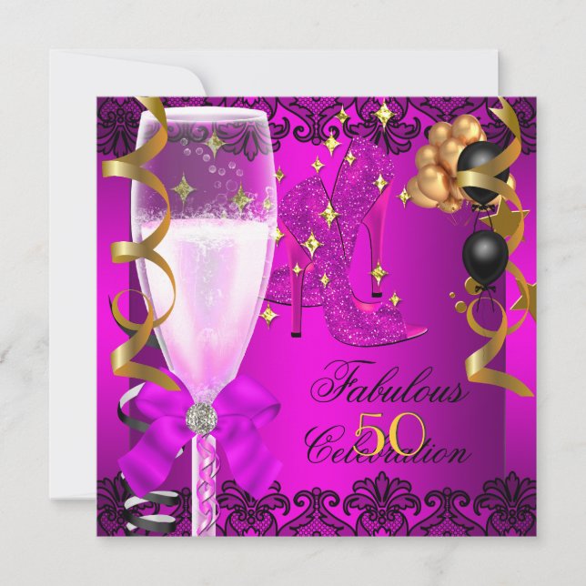 50 Fabulous Pink Black Gold 50th Champagne Party Invitation (Front)