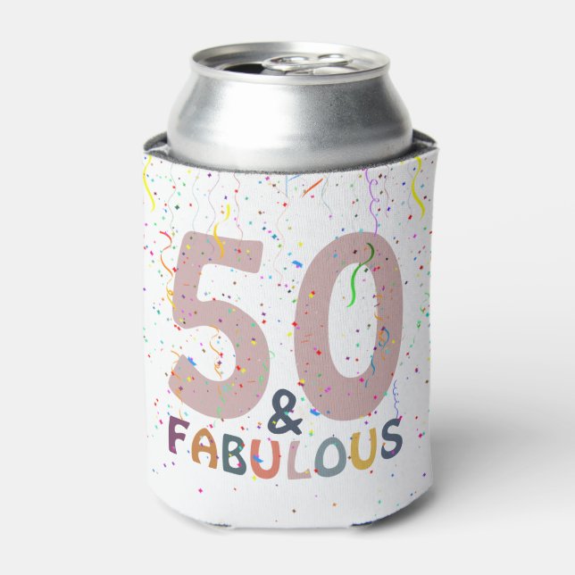 50 & Fabulous Pink Confetti Birthday Celebration Can Cooler (Can Front)