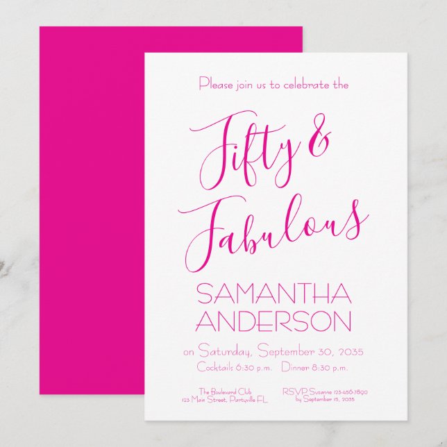 50 & Fabulous Pink Elegant 50th Birthday Party  Invitation (Front/Back)